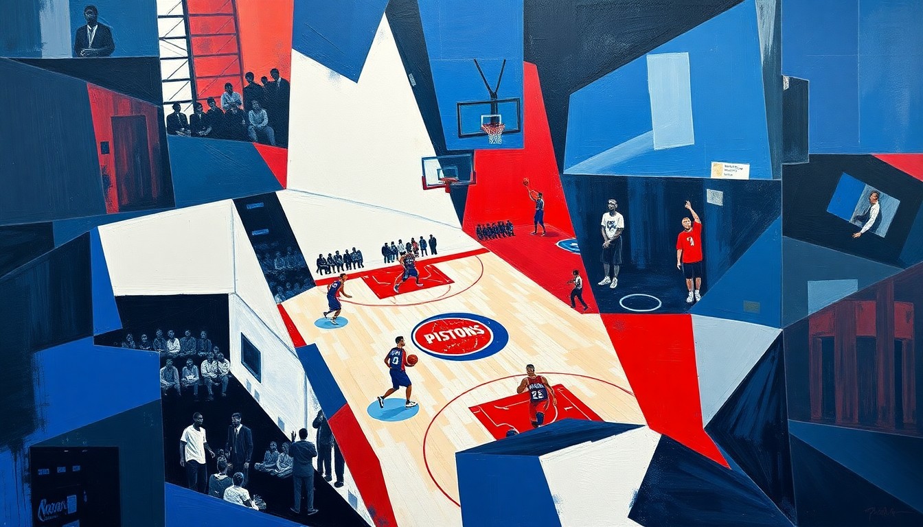 A cubist, geometric painting depicting a basketball game, with sharp planes of blue, red, and white overlapping to create a dynamic, fragmented visual representation of the action on the court.