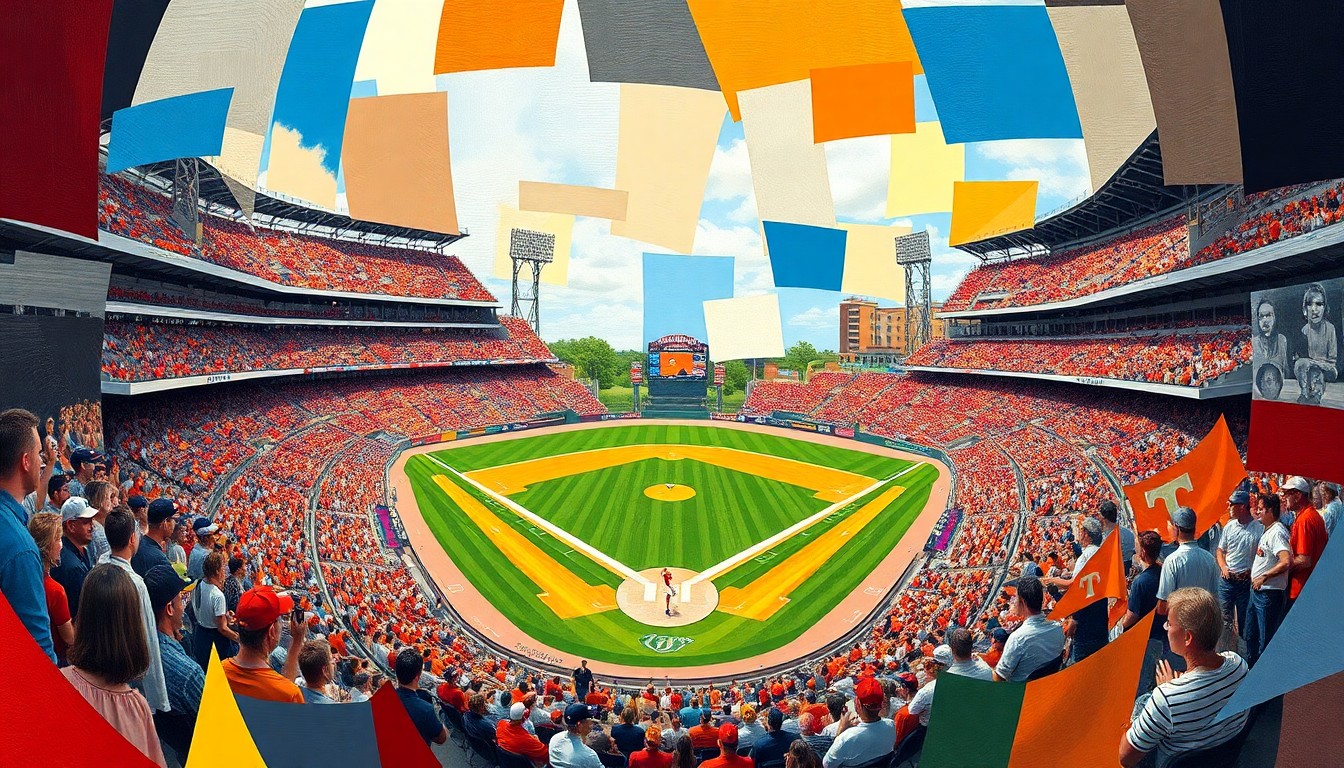 A fragmented, geometric painting depicting a baseball game, with sharp planes of color representing the opposing teams in action.