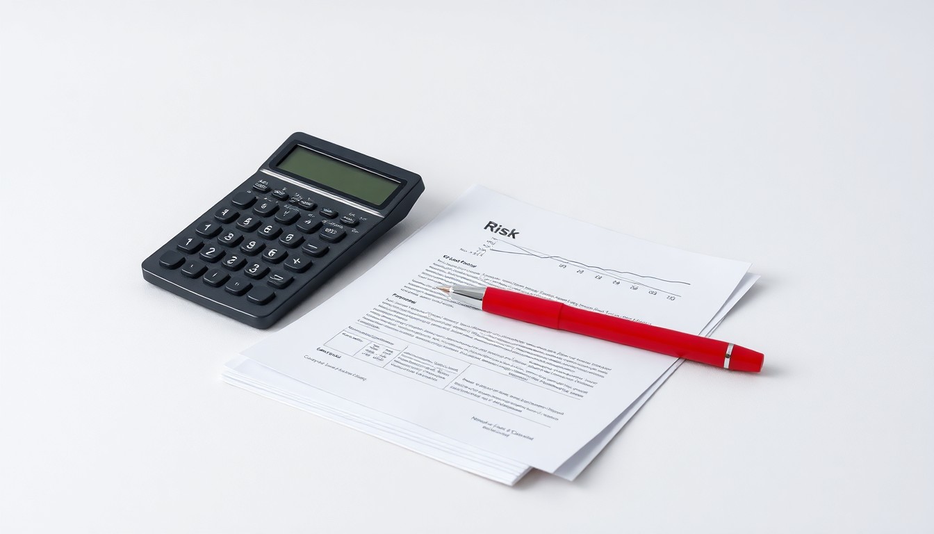 A photorealistic studio still life featuring a stack of financial documents, a broken calculator, and a single red pen on a clean, monochromatic background, symbolizing the abstract concepts of corporate finance, risk, and market uncertainty.