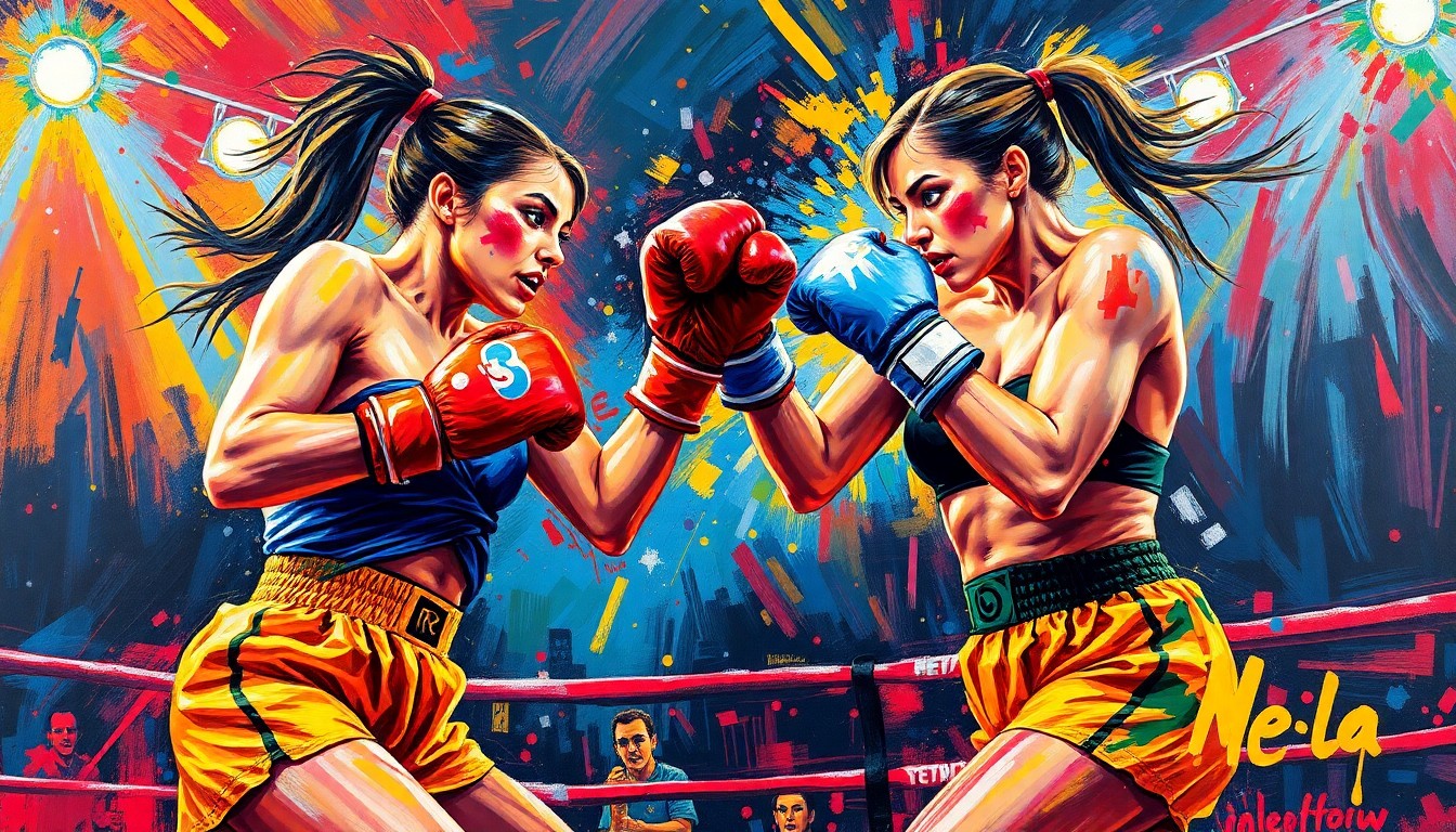 An abstract, expressionist painting featuring dynamic brushstrokes and neon colors that capture the intense physicality and energy of a women's boxing match, without depicting any specific individuals or identifiable elements.