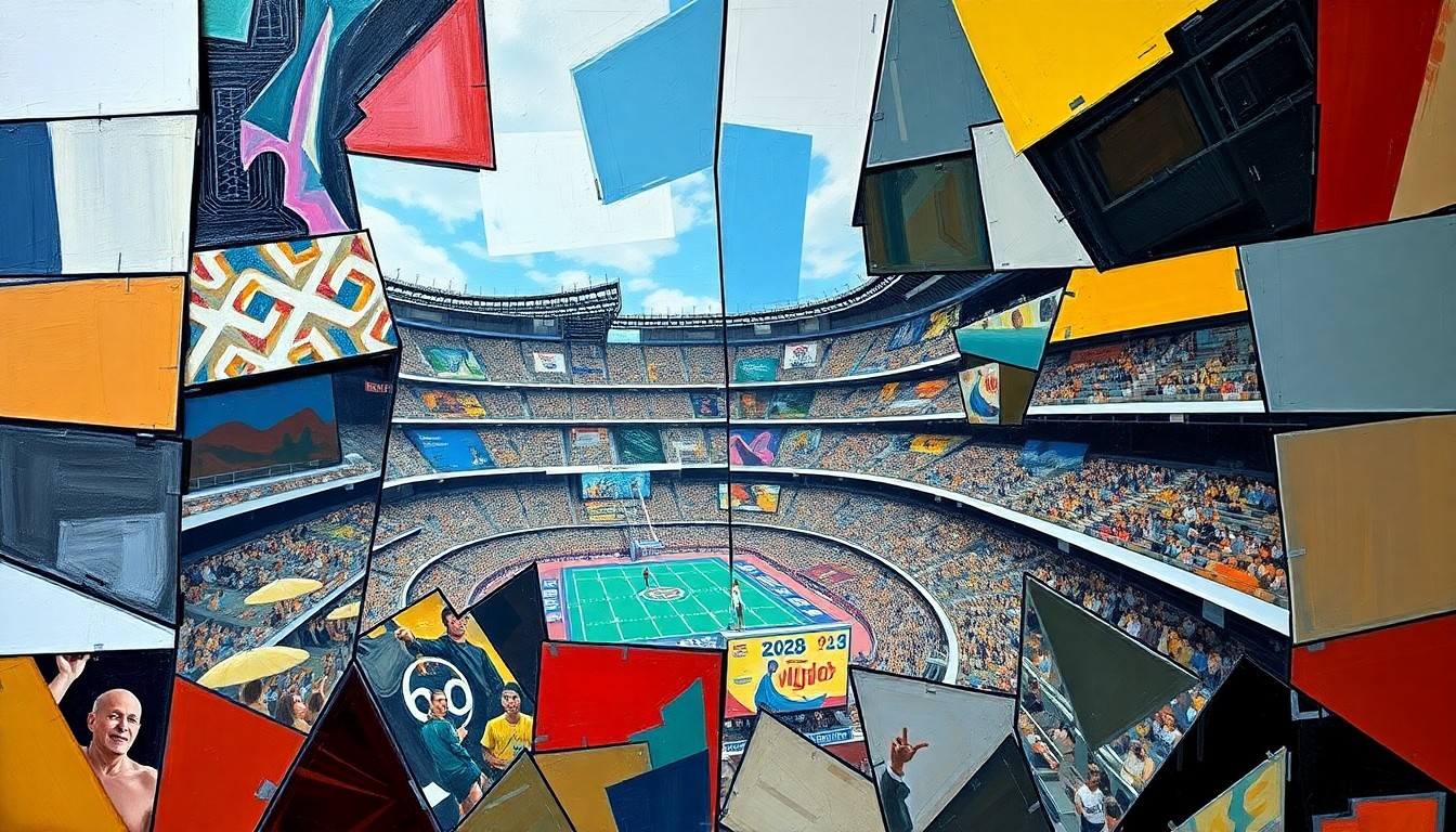 A fractured, multi-perspective painting in cubist style, with sharp, overlapping geometric planes representing the excitement and anticipation surrounding the 2028 LA Olympics ticket sales.