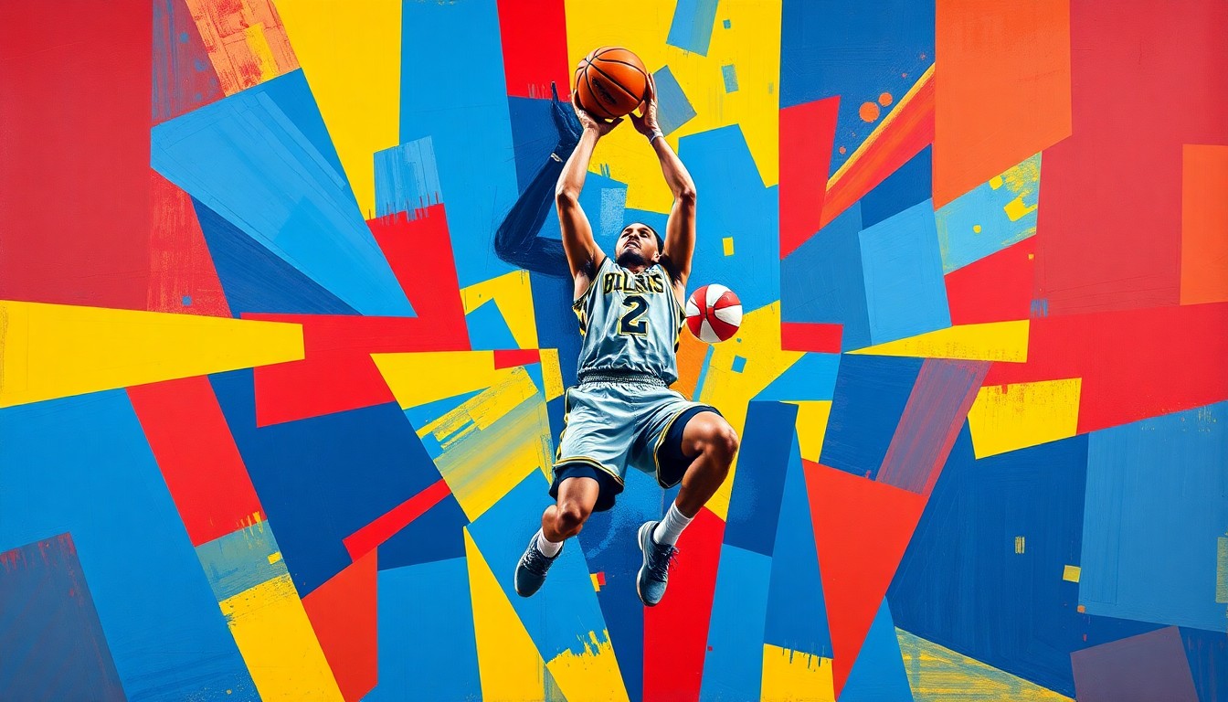 A cubist, geometric painting depicting a college basketball player's dynamic movements and performance, with sharp, overlapping planes of color representing the energy and skill of the game.