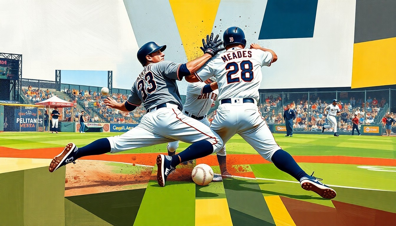 A fragmented, geometric painting depicting an outfield collision, with sharp, overlapping planes of color representing the chaotic moment when two players crashed into each other while going for a fly ball.