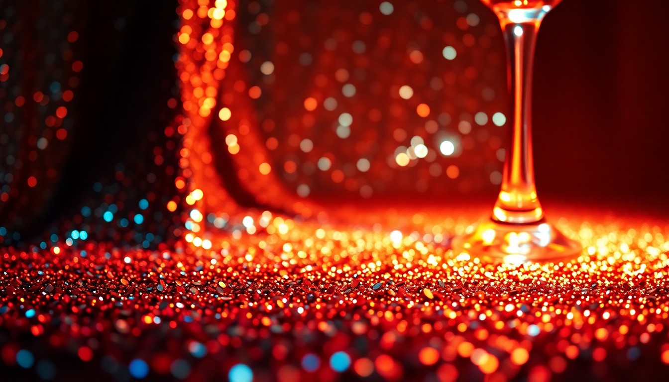 An abstract close-up image of shimmering sequins and glittering disco glass, captured in dramatic high-contrast studio lighting to convey the glamour and energy of celebrity culture.