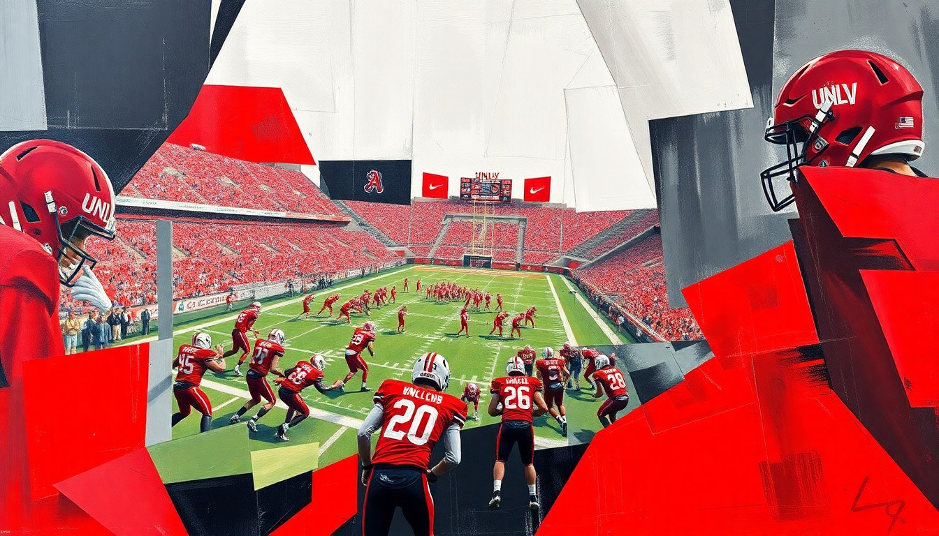 A fractured, cubist-style painting depicting a UNLV football practice or game, with the players and field broken down into sharp, overlapping geometric shapes in the team's colors of scarlet red, gray, and black, conveying the energy and intensity of the spring workouts.