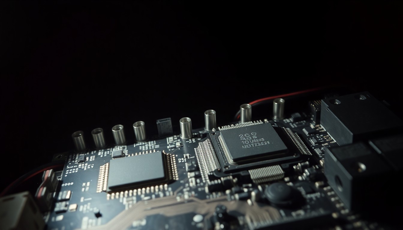 An extreme close-up photograph of a computer circuit board with exposed microchips and wiring, lit by a harsh, direct camera flash against a pitch-black background, conceptually illustrating the technical evidence at the center of a municipal fraud investigation.