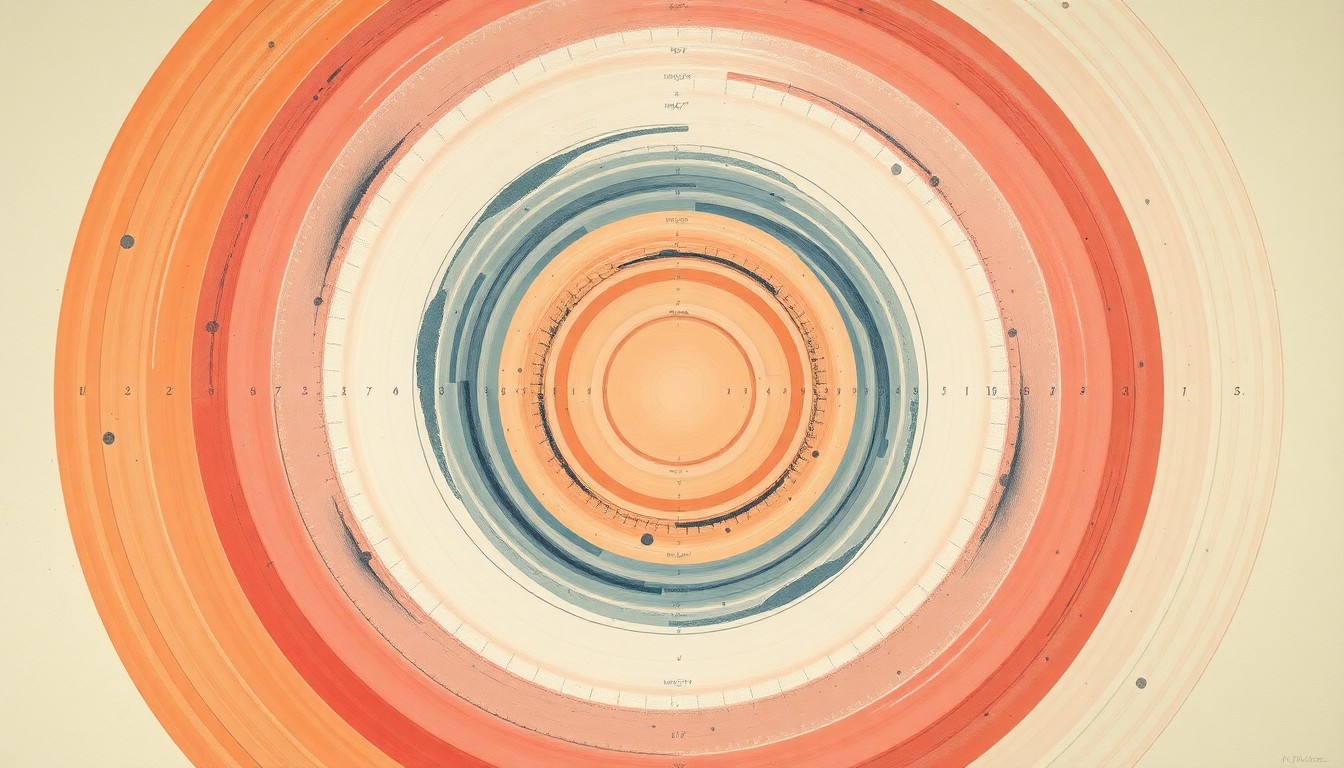 A highly structured abstract painting in soft, flat colors depicting sweeping geometric arcs, concentric circular patterns, and precise botanical or physical spirals, conceptually representing the complex scientific forces and phenomena behind the squeaking sound of basketball shoes.