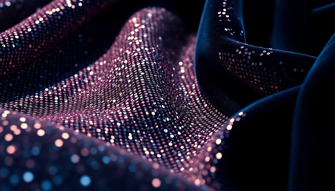 An extreme close-up of a luxurious, glittering fabric texture in high-contrast studio lighting, conceptually representing the glamour and celebrity associated with the 'Baywatch' star and his wife.