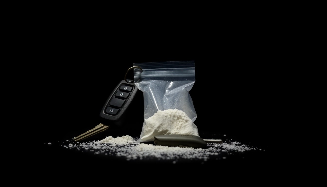 An extreme close-up photograph of a set of car keys and a small plastic bag containing a white powdery substance, creating a stark, gritty, investigative aesthetic through the use of harsh, direct flash lighting against a pitch-black background.