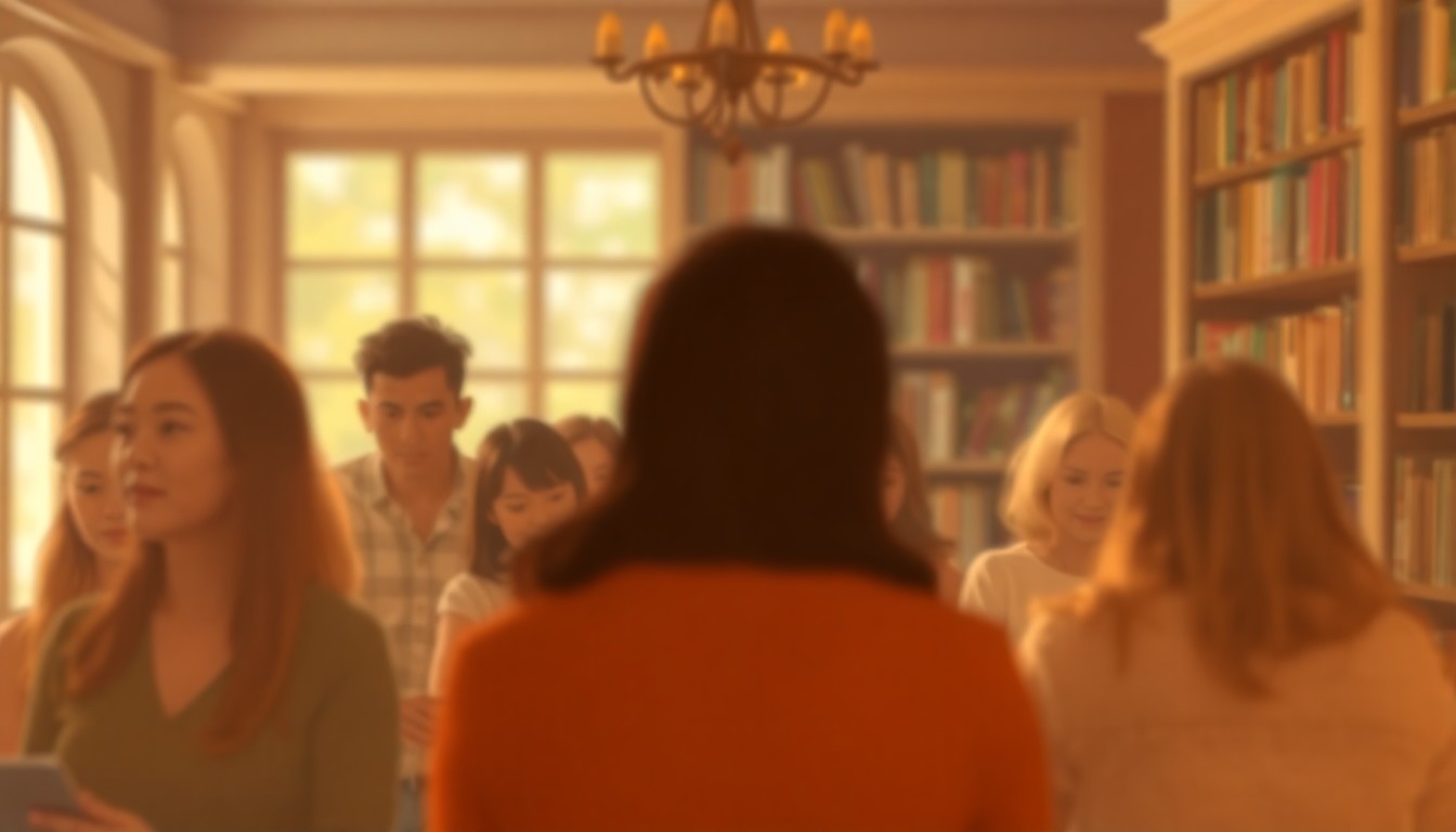 An extremely abstracted, out-of-focus photograph of a group of people gathered in a warm, cozy library setting, their forms and faces blurred into soft, glowing shapes of amber, ochre, and sage, conveying a sense of vulnerability, empathy, and connection.