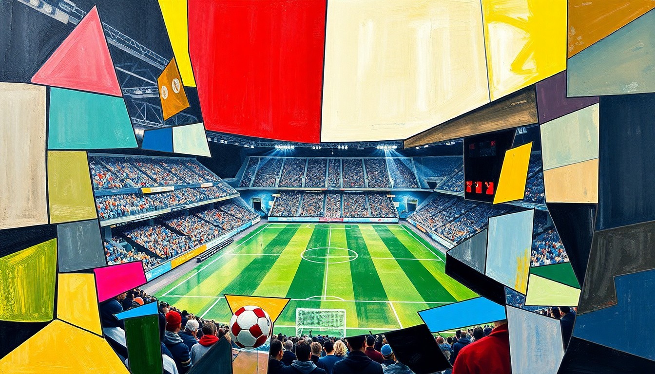 A fractured, geometric painting depicting a soccer match, with players and the field broken down into sharp, overlapping planes of color and shape, conveying the dynamic action and tension of the game.