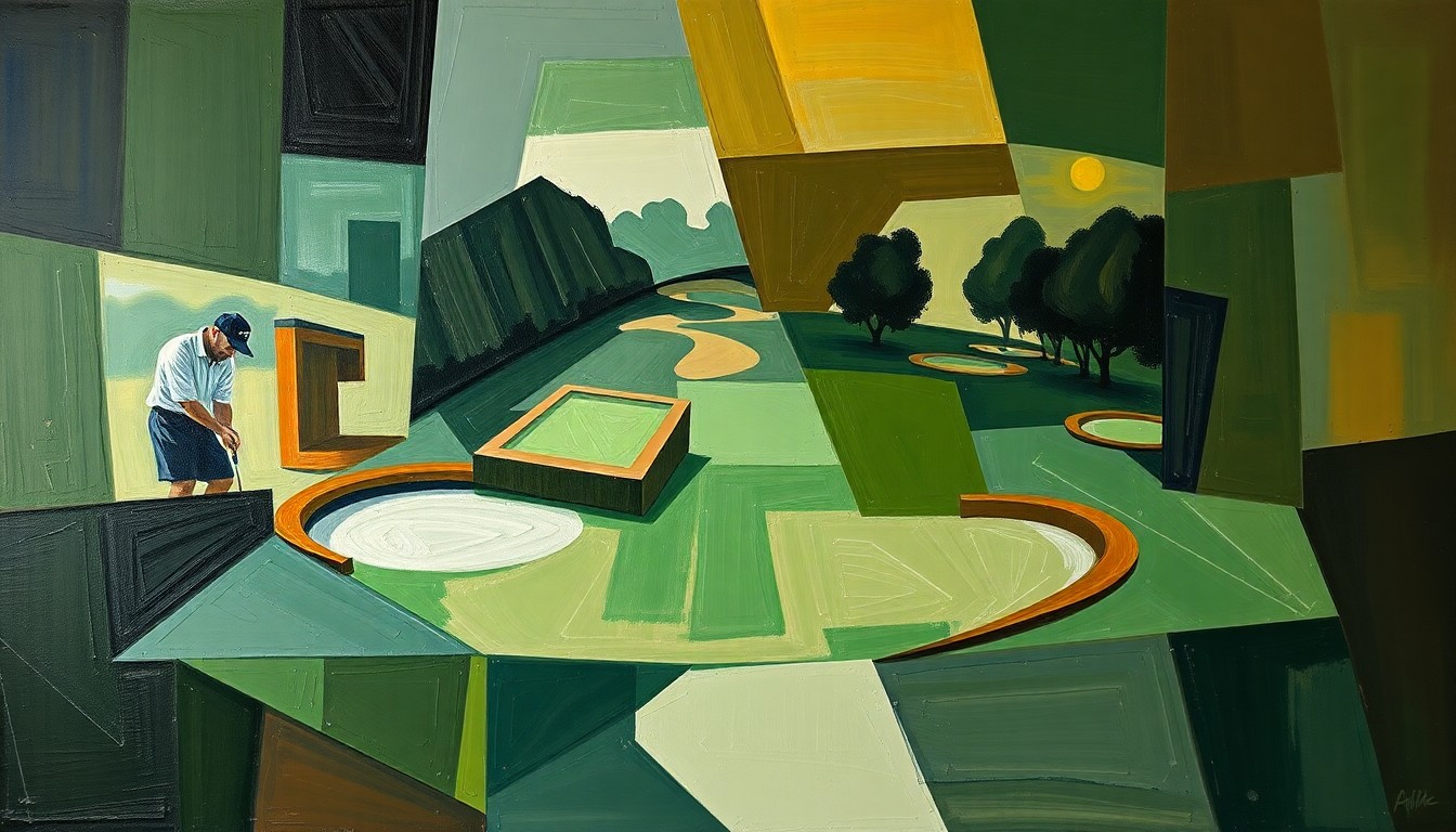 A fractured, geometric painting depicting a golf tournament or match, with sharp planes of color and overlapping shapes that obscure any recognizable figures or logos, conveying the conceptual idea of a sport in flux.