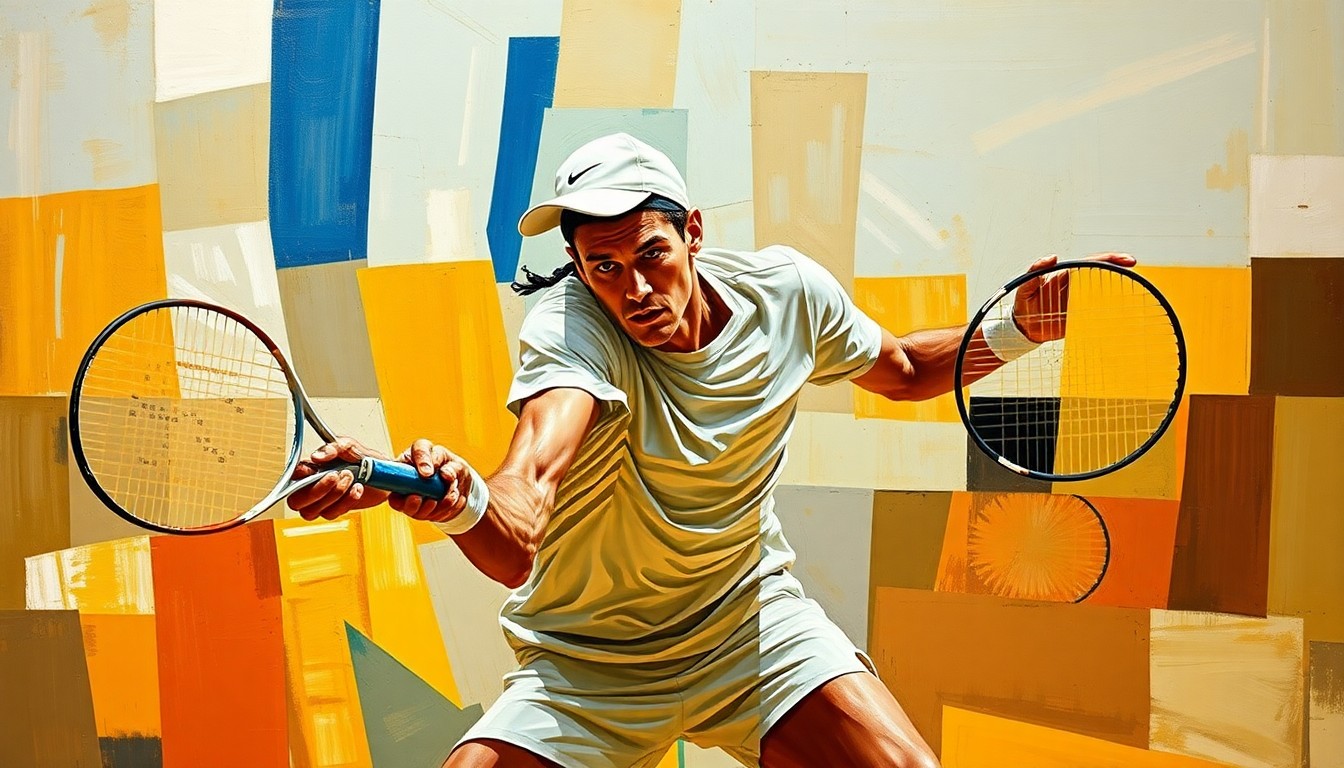 A fragmented, geometric painting depicting the strained movements of a tennis player, with their face and identity obscured, conveying the physical demands of the sport.