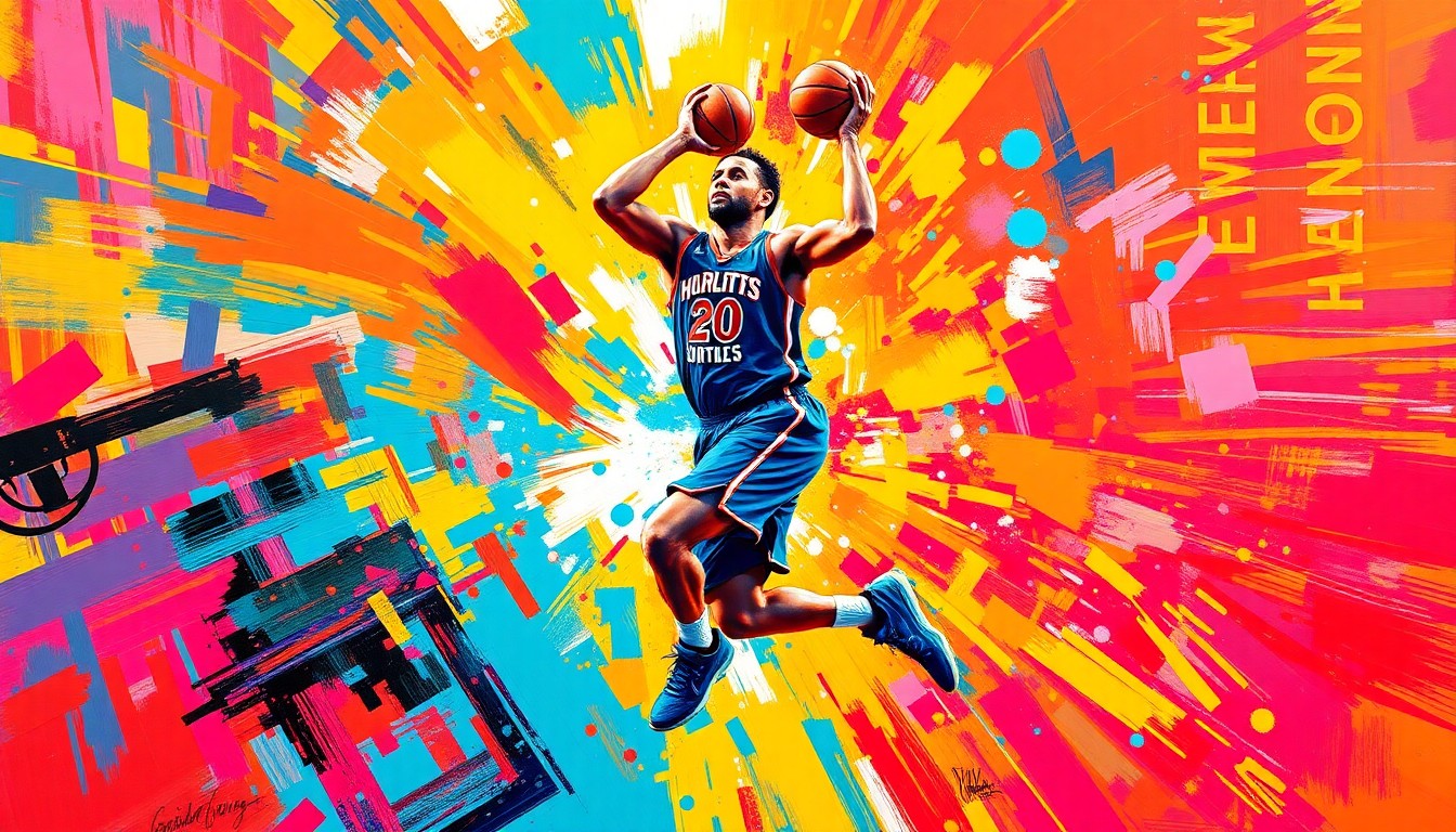 An abstract, expressionist painting featuring rapid, neon-colored brushstrokes that capture the dynamic movement and scoring energy of Dell Curry during his time with the Charlotte Hornets.