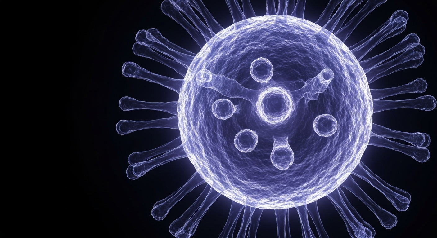 A translucent, ghostly X-ray image showing the intricate internal structure of a measles virus particle, glowing against a dark background and conceptually illustrating the public health crisis unfolding in Utah.