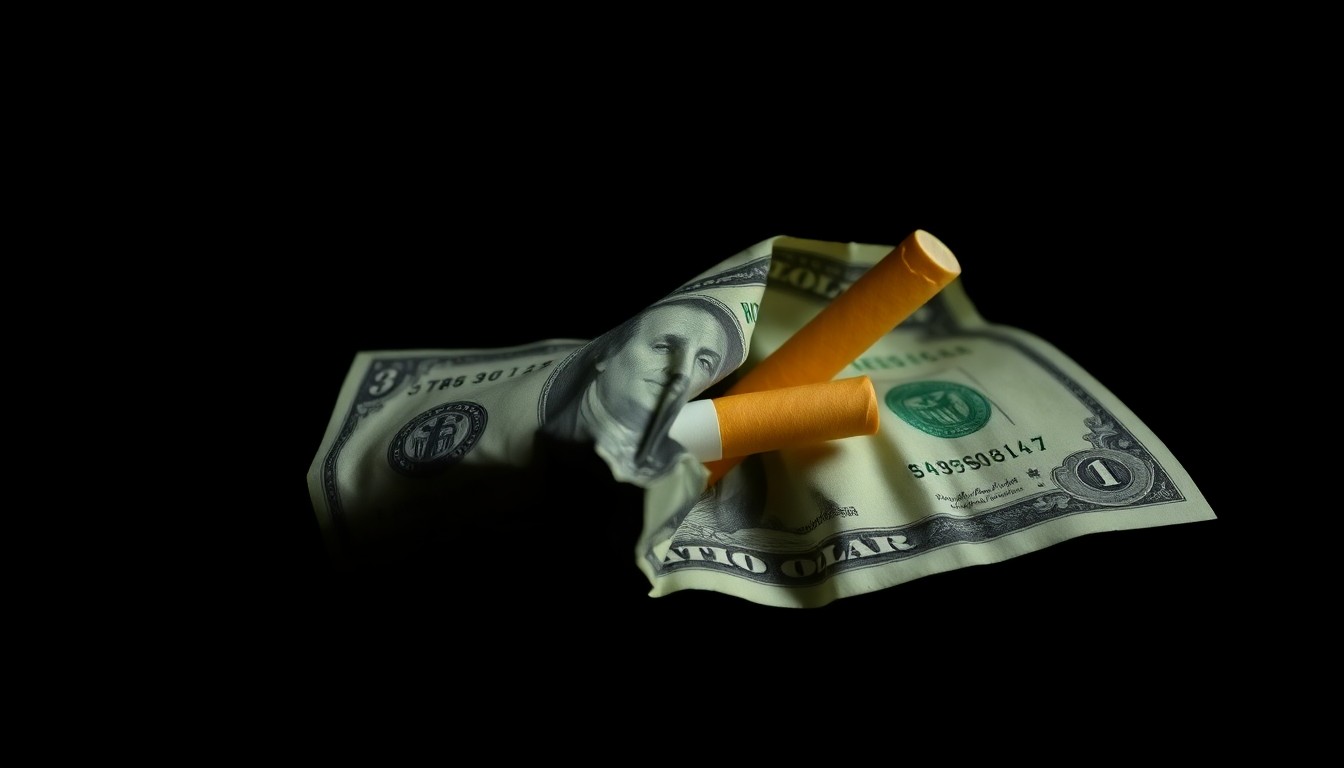 An extreme close-up photograph of a crumpled dollar bill with a cigarette pack peeking out, lit by a harsh, direct camera flash against a pitch-black background, conceptually illustrating the discovery of drug paraphernalia during a traffic stop.