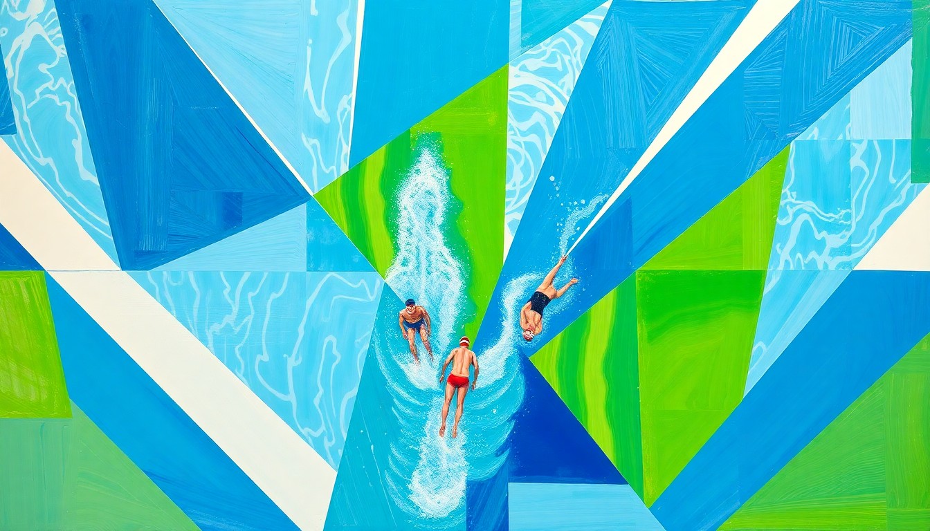 A dynamic, fragmented painting in shades of blue, green, and white, conveying the intensity and unpredictability of open water swimming competitions through a cubist visual style.
