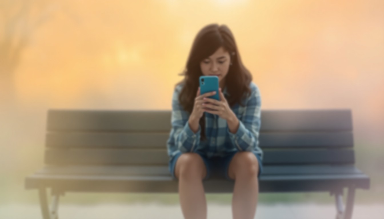 An abstract, out-of-focus photograph depicting a college student sitting on a bench, their face partially obscured by a blurred smartphone screen, surrounded by a soft, warm wash of colors, conveying a sense of introspection and the struggle to disconnect from constant digital distractions.