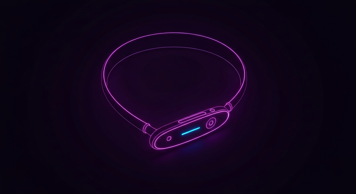 A minimalist illustration of a glowing, vibrant neon outline of a neck-worn wearable device against a dark background, conceptually representing the energy and shape of a wellness technology product.