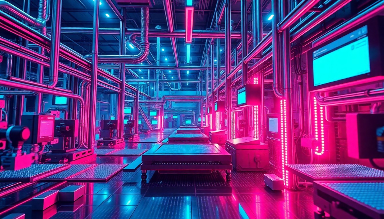 A highly detailed, glowing 3D macro illustration of a futuristic semiconductor wafer fabrication facility, with neon cyan and magenta lights illuminating the intricate physical infrastructure and equipment, conceptually representing the advanced technology and coordination required to expand chip production capacity.