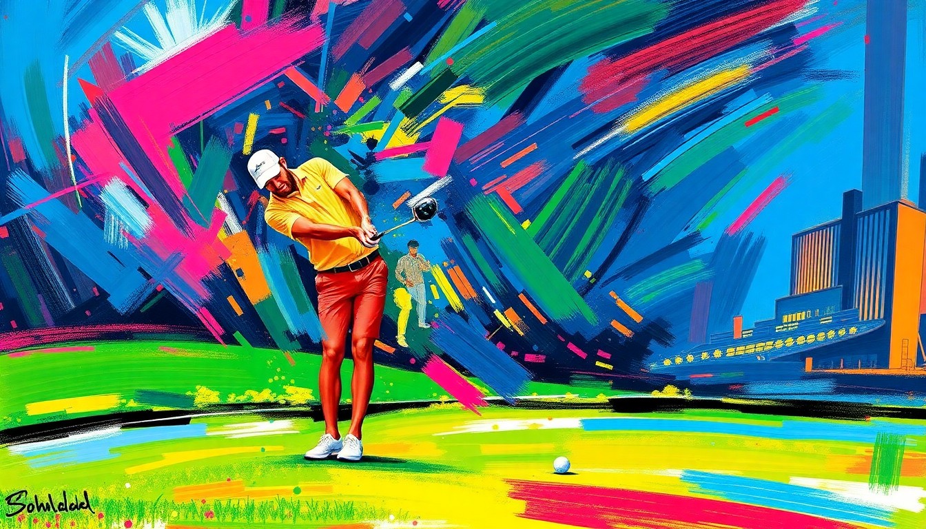 An abstract, energetic painting in neon colors depicting the dynamic motion of a golfer's swing and the ball rolling into the hole, capturing the excitement of Scottie Scheffler's impressive opening round performance.