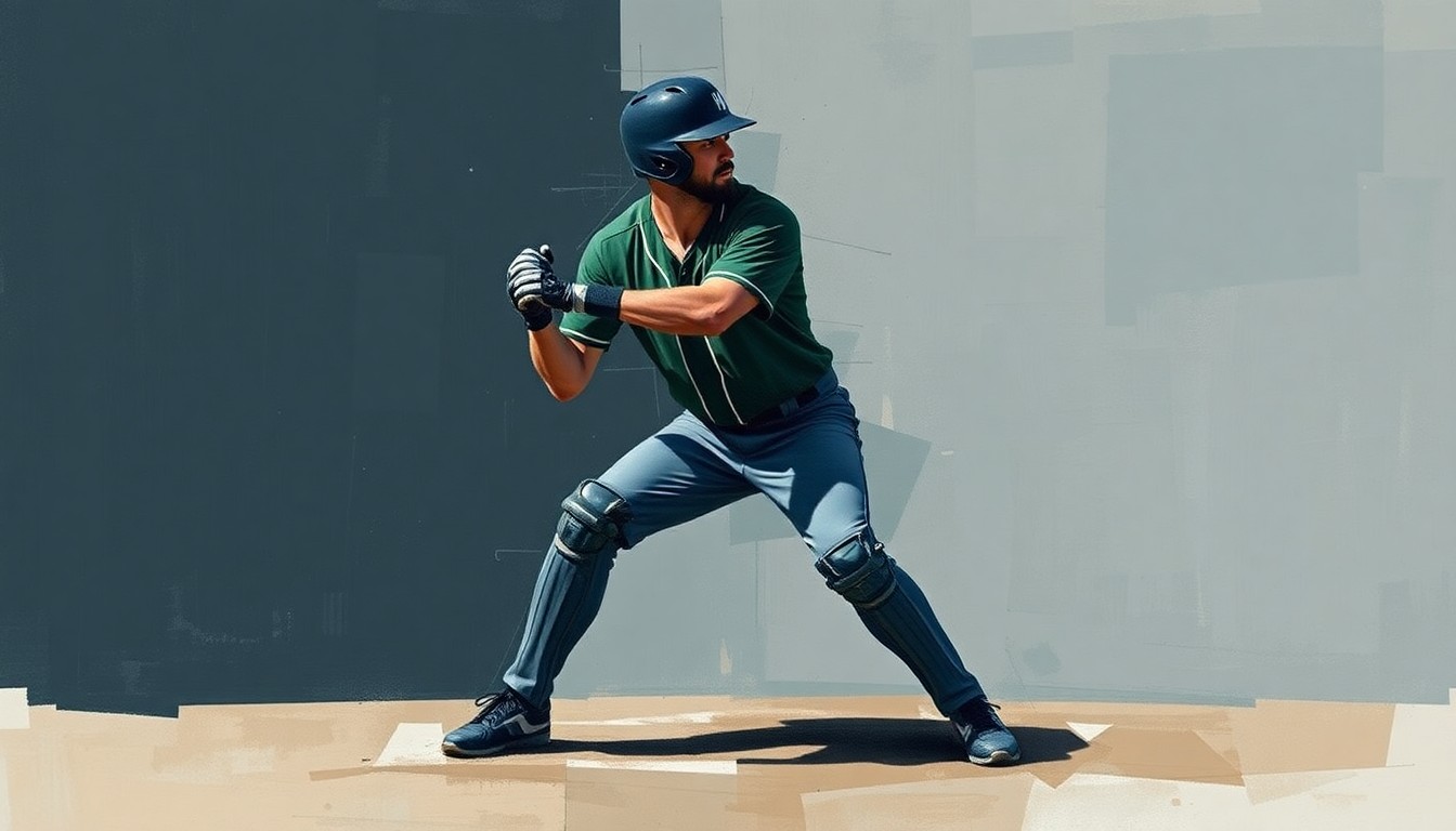 A cubist, geometric painting depicting the fractured movements of a baseball catcher, with overlapping planes of navy, forest green, and slate grey colors, conveying the strategic thinking behind the Mariners' decision to utilize Garver in a versatile backup role.