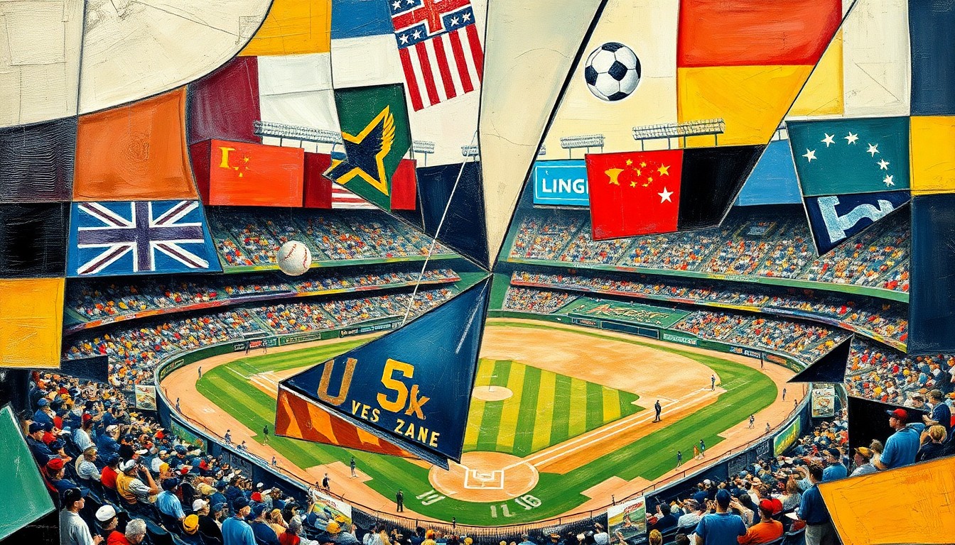 A cubist-style painting depicting a baseball game or match between two national teams, with the players and field broken down into sharp, overlapping geometric shapes and planes in a vibrant color palette.