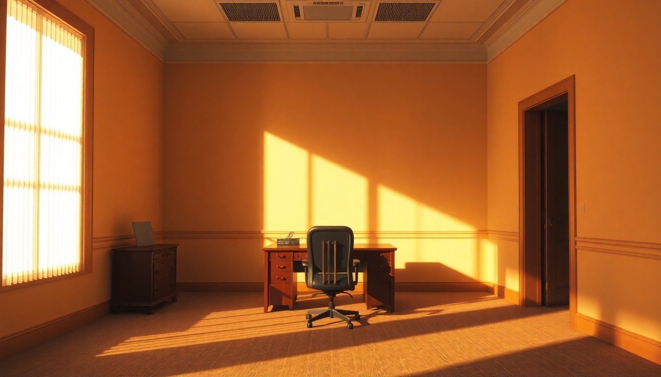 A dimly lit, cinematic painting of an empty government office space, with a single chair and desk as the only focal point, conveying a sense of solitude and the weight of political responsibility.