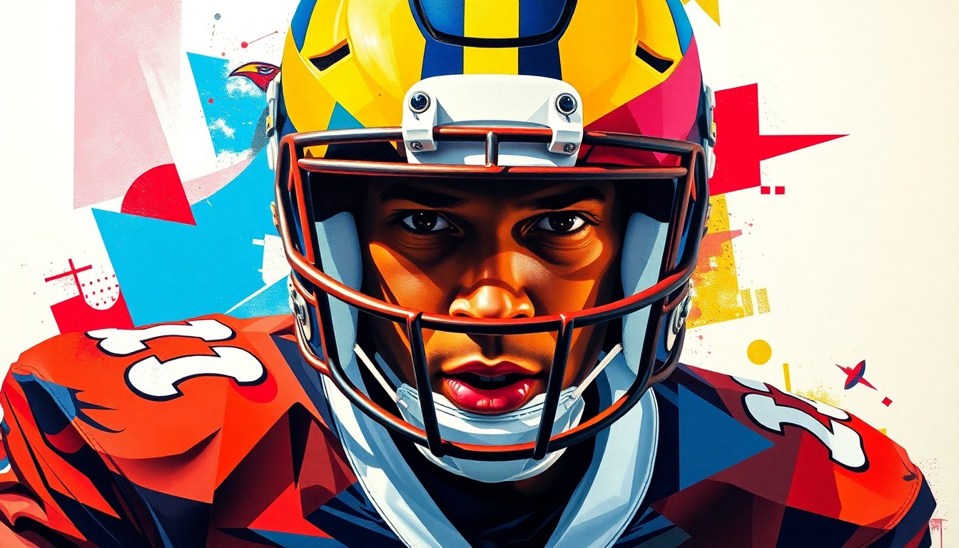A cubist, geometric painting depicting a football player wearing the new Guardian Cap NXT 2.0, with the player's form fractured into overlapping planes of vibrant team colors.