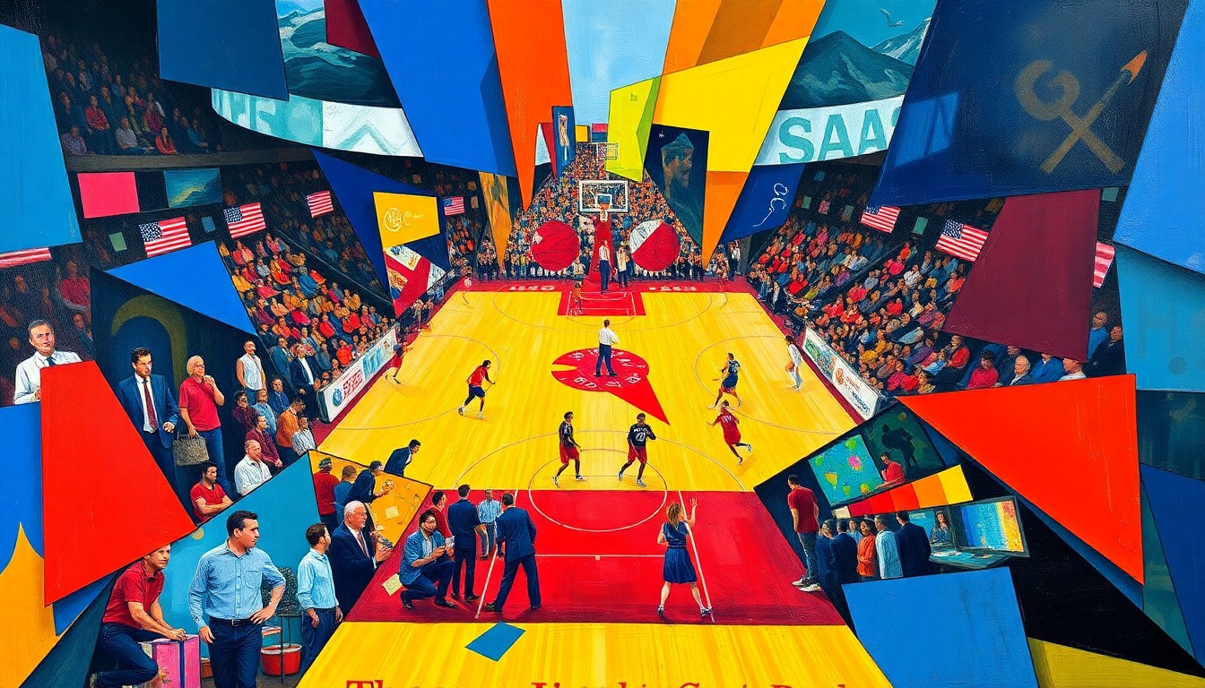 A cubist, geometric painting depicting a basketball game between two teams, with overlapping planes of color and fragmented shapes representing the dynamic action on the court.