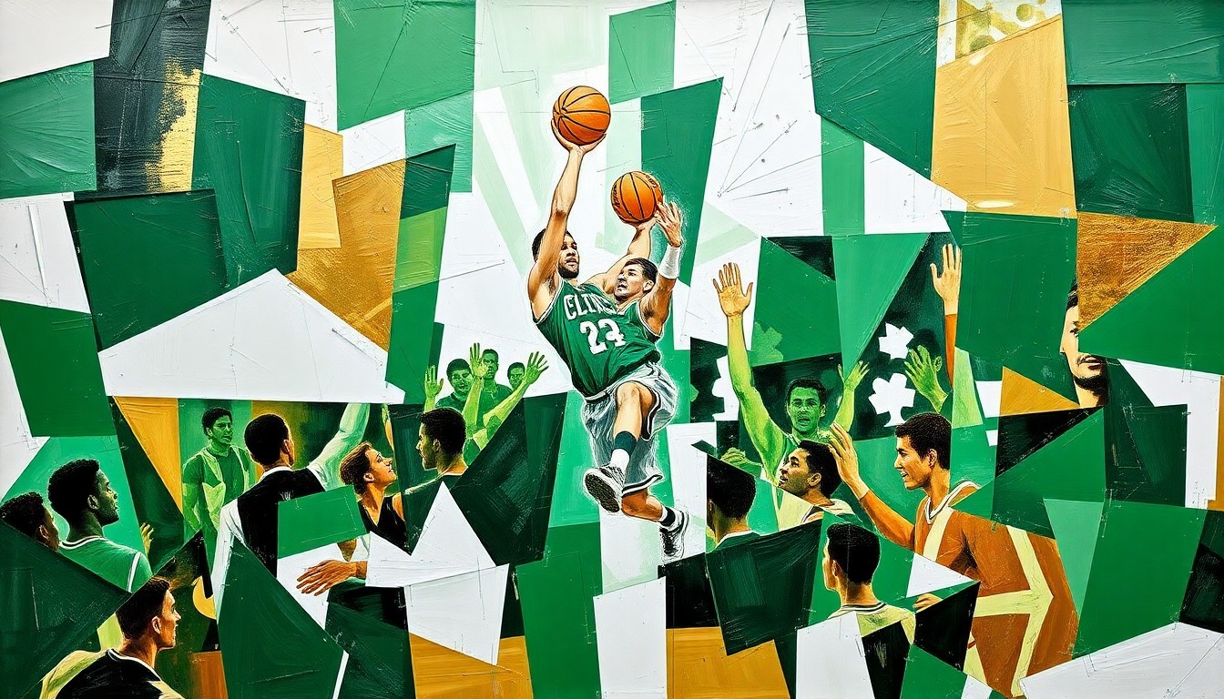 A cubist, geometric painting depicting a Celtics 3-point shooting celebration, with overlapping planes of green, white, and gold representing the team's energy and success.