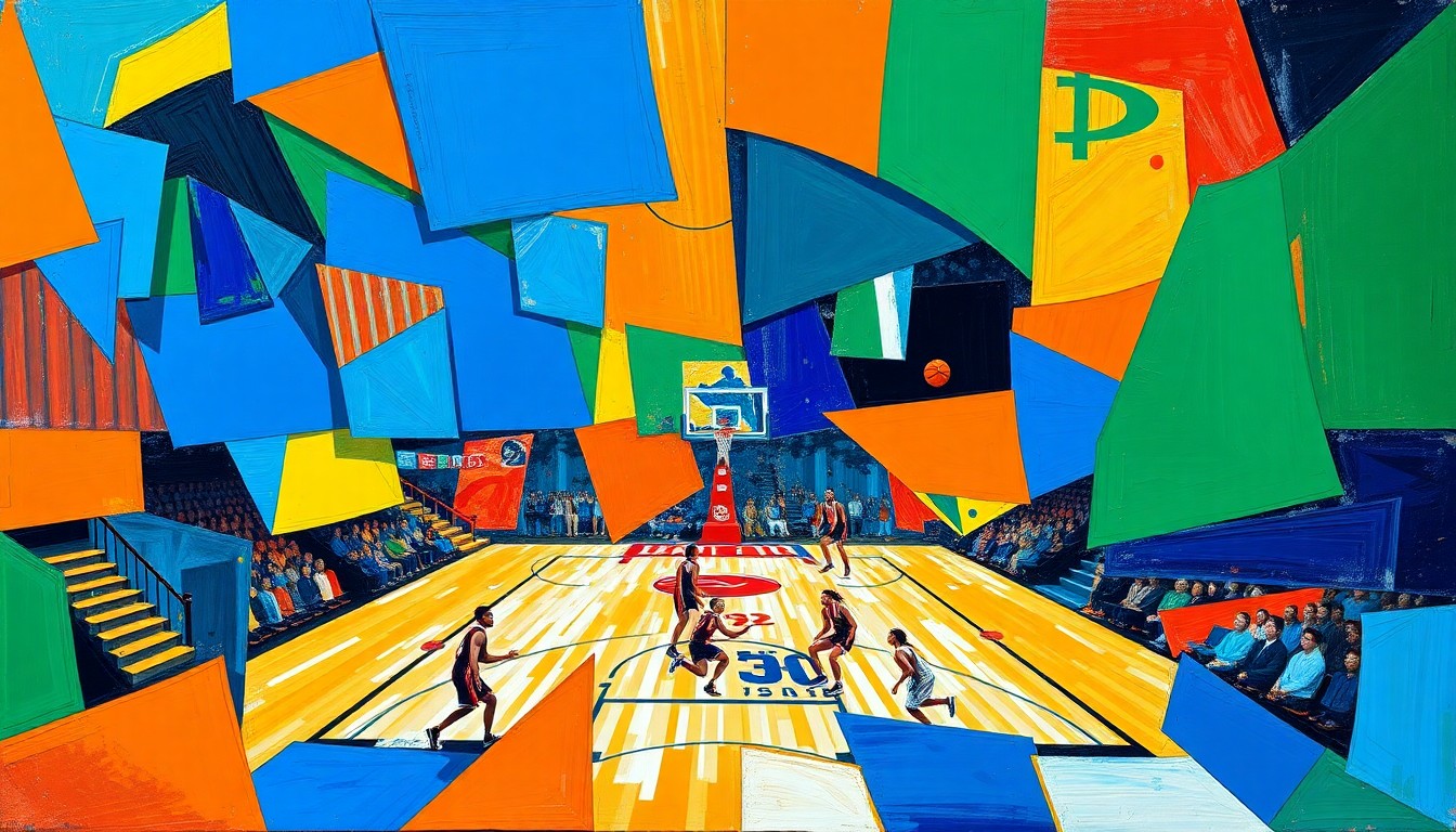 A fragmented, geometric painting in bold colors depicting the motion and intensity of a WNBA basketball game, with players and the court deconstructed into sharp, overlapping shapes.
