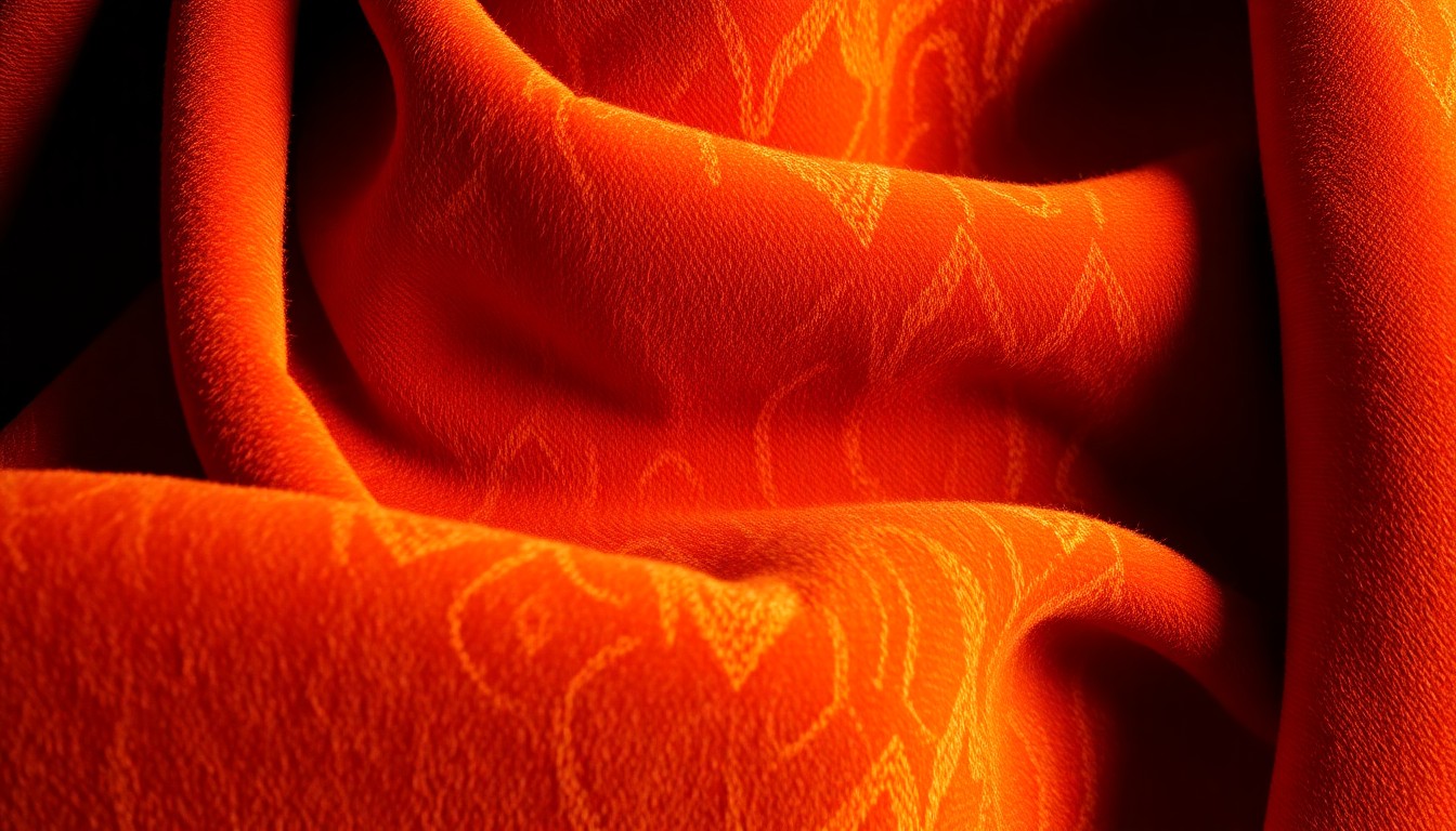 An abstract close-up image of a luxurious, textured fabric in rich, earthy tones, captured with dramatic lighting to create a glitzy, high-fashion aesthetic, conceptually representing the Queen's embrace of local culture during her state visit to Morocco.