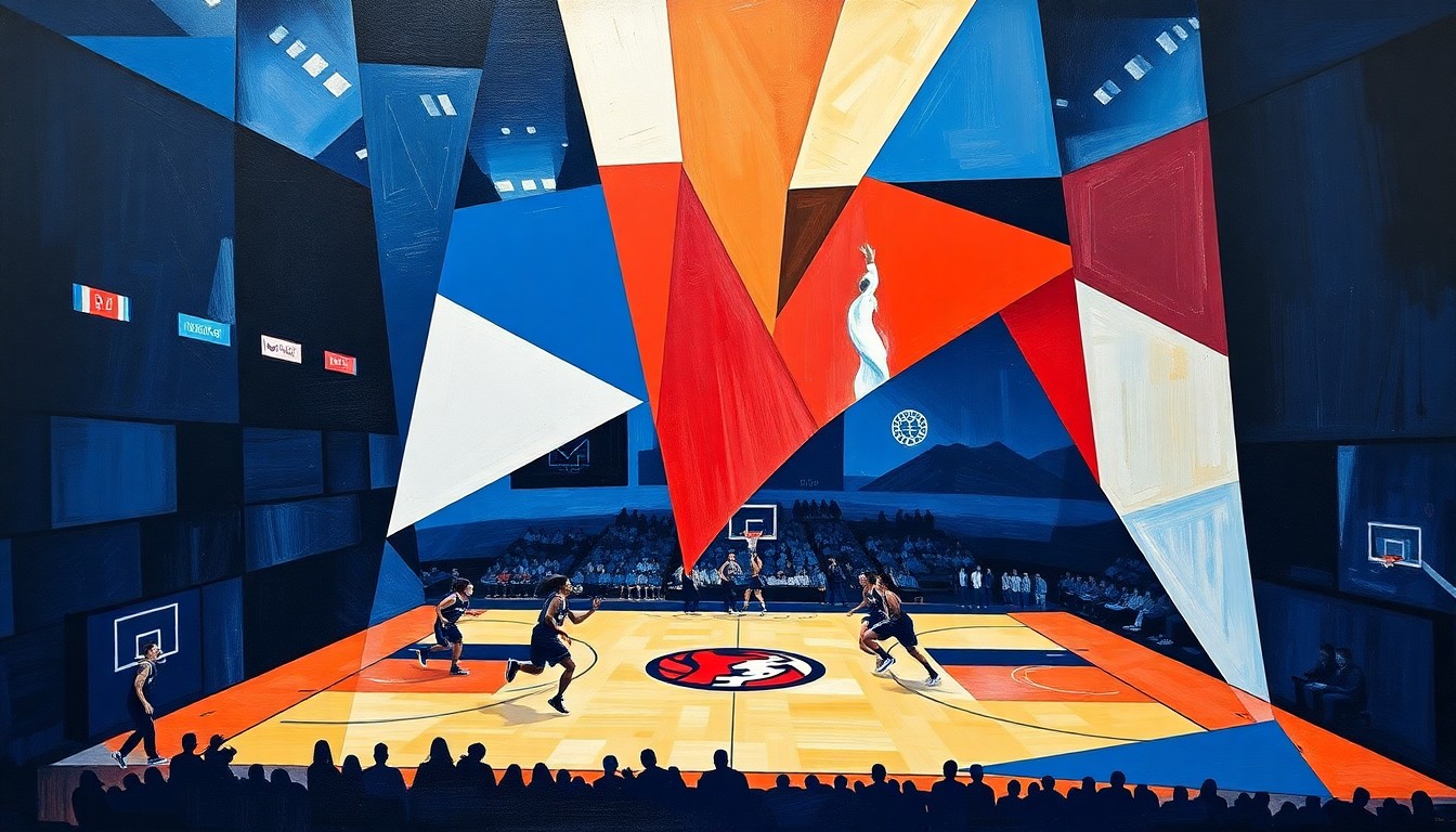 A cubist, geometric painting depicting a fragmented WNBA basketball game, with sharp planes of navy blue, red, and white representing the Chicago Sky team colors, conceptually illustrating the complex power dynamics and competing interests within the franchise's ownership structure.