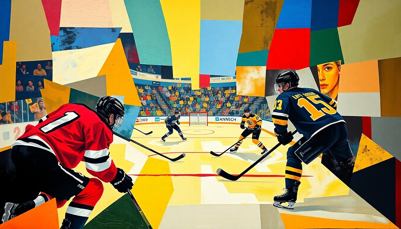 A fragmented, geometric painting depicting a hockey game, with sharp planes of color representing the players and action on the ice, without any recognizable faces or logos.