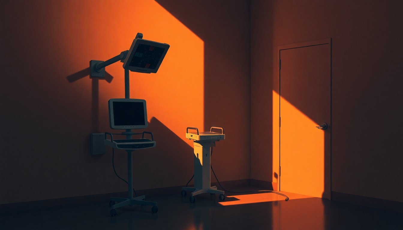 An oil painting in muted tones depicting a solitary medical device, such as a pill bottle or telehealth monitor, set against a dimly lit urban backdrop, conveying a sense of quiet contemplation and the ongoing debate over access to reproductive healthcare.