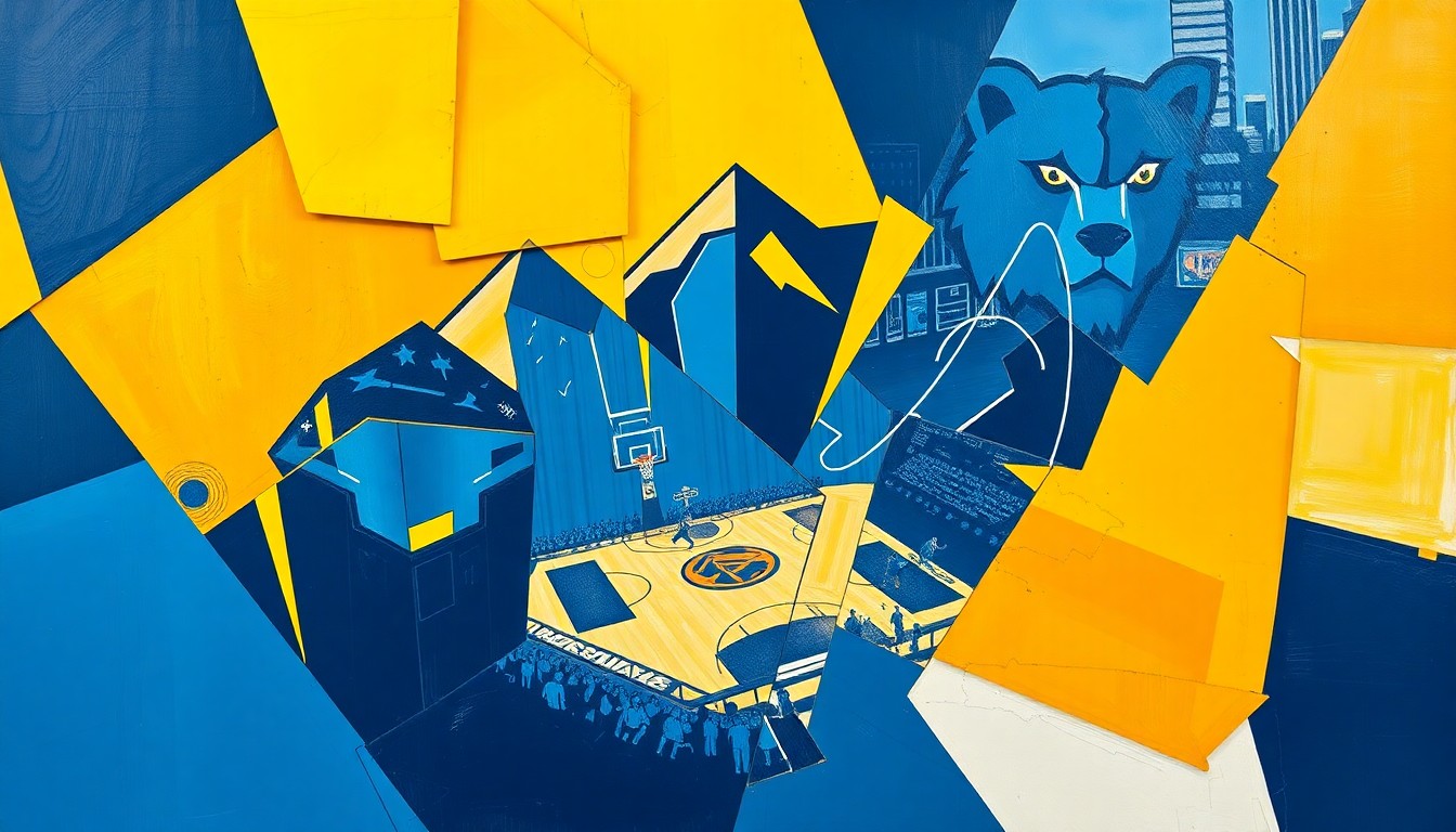 A cubist, geometric painting depicting a basketball game between the Denver Nuggets and Memphis Grizzlies, with sharp, overlapping planes of navy blue, gold, and light blue creating a dynamic, abstract composition.