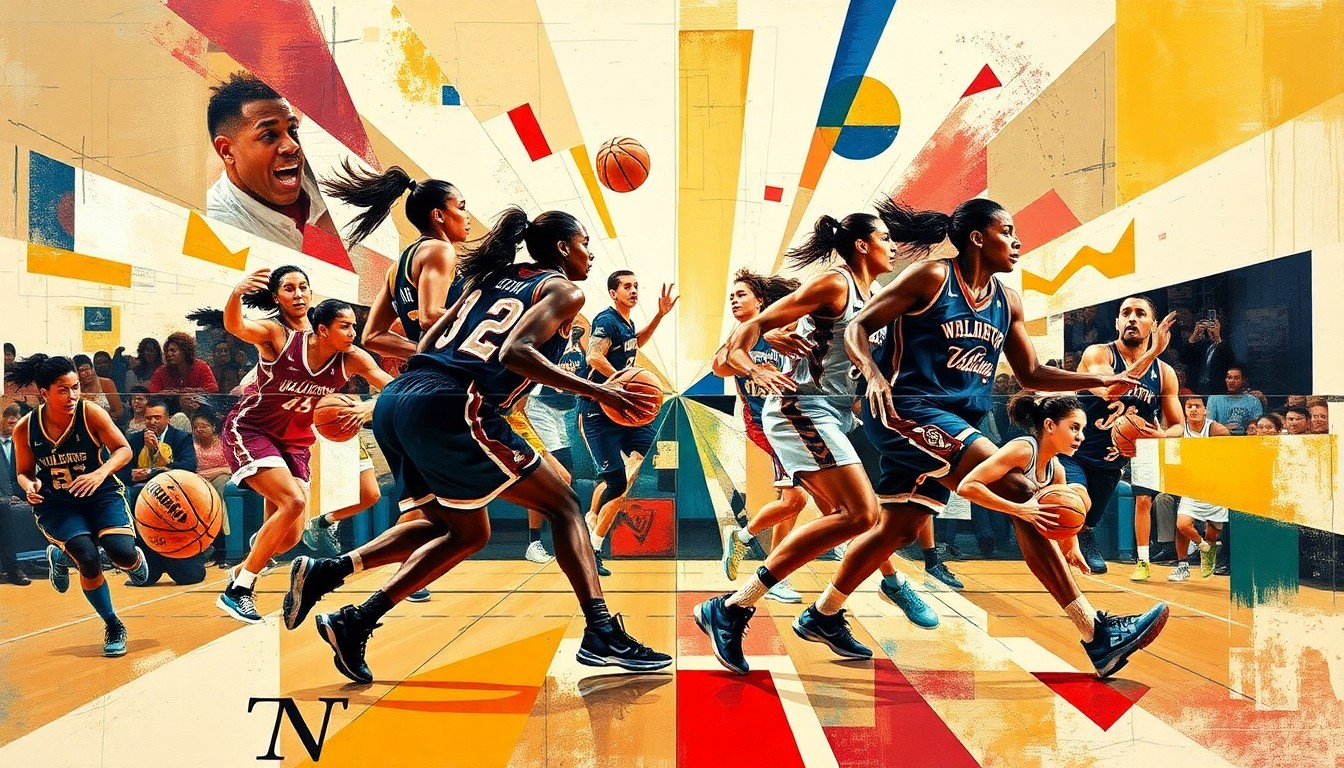 A fractured, geometric painting in the style of Pablo Picasso, depicting the dynamic movements and energy of a WNBA game between two teams, with the players and court deconstructed into sharp, overlapping planes of color and form.