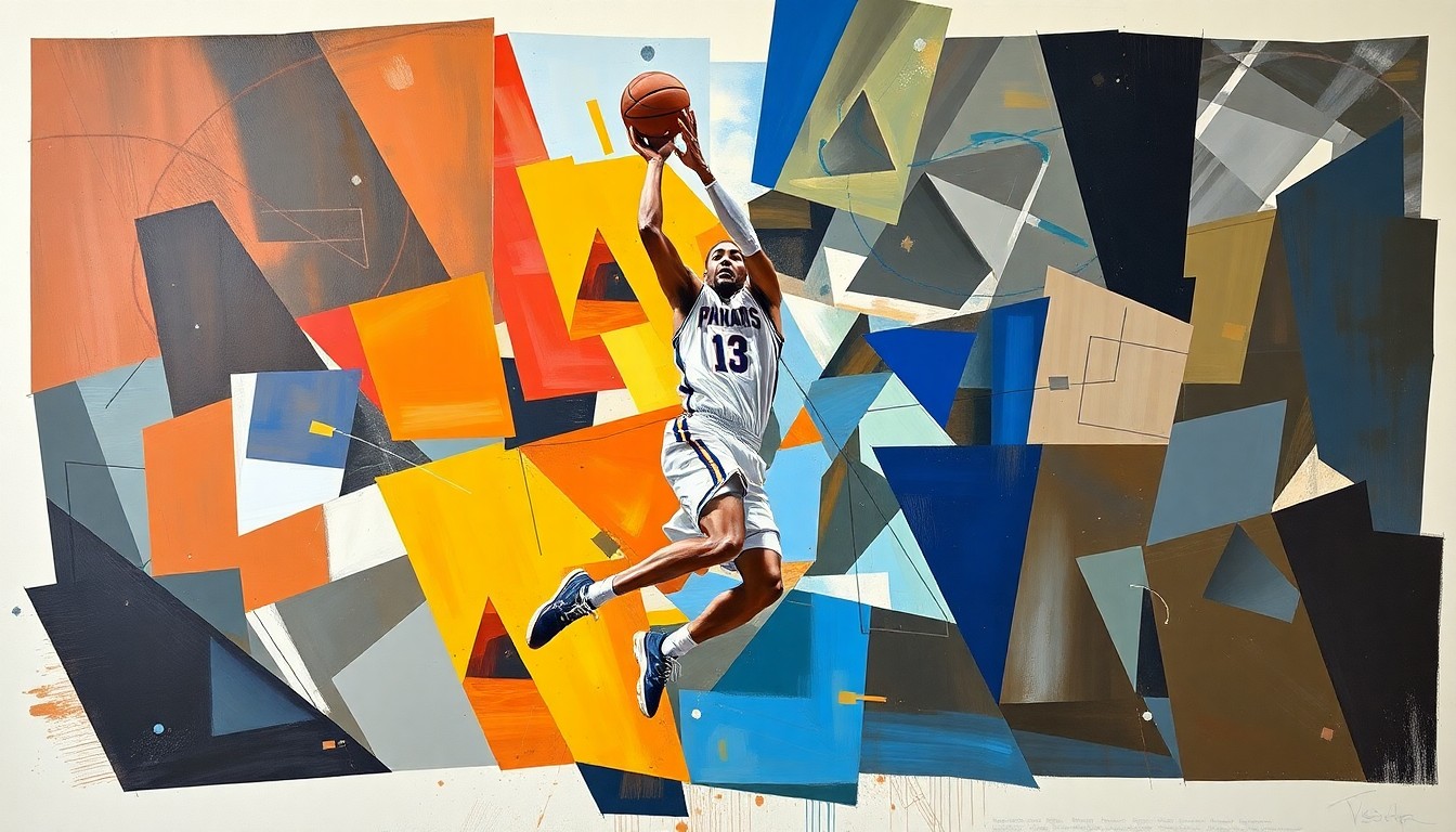 A fragmented, geometric painting depicting the movements and actions of a college basketball player, with sharp planes of color and form representing the sport's intensity and dynamism.