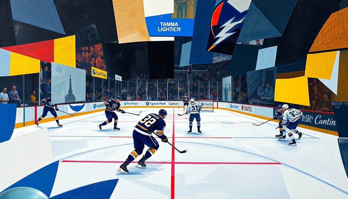 A cubist-style painting depicting a hockey game between the Buffalo Sabres and Tampa Bay Lightning, with the players' movements and the intensity of the game rendered in sharp, overlapping geometric planes.