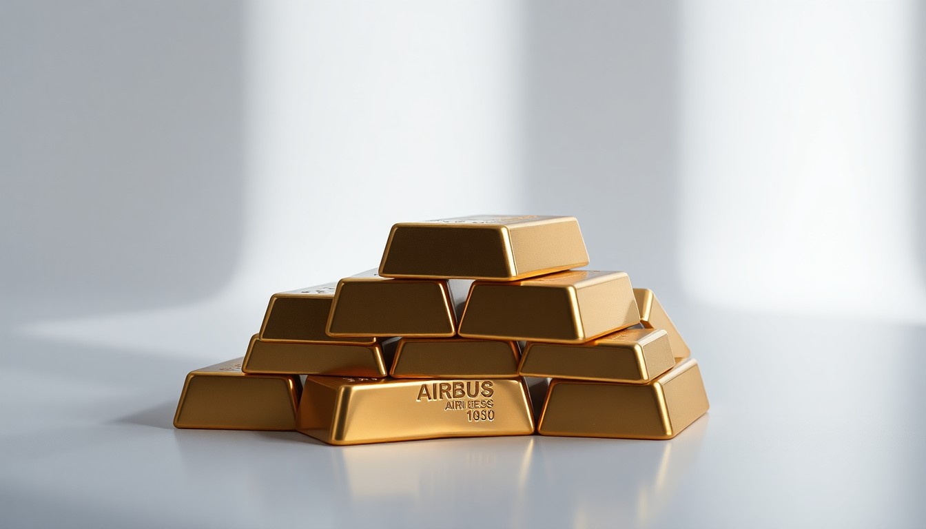 A photorealistic studio still-life image showing a stack of polished metal ingots or bars, symbolizing the financial assets and corporate strategy of Airbus.