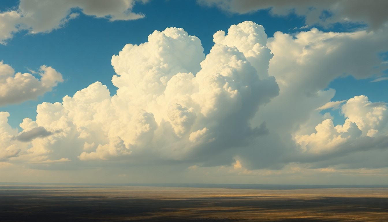 A sweeping, atmospheric landscape painting in muted tones of gray, blue, and gold, with a dramatic, cloud-filled sky dominating the frame and dwarfing any physical structures or objects below.