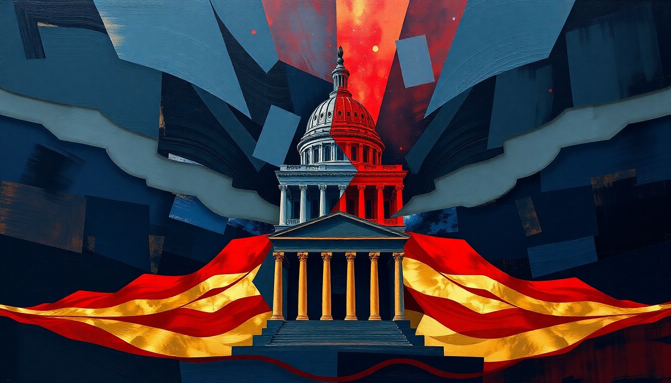 A highly textured, abstract painting featuring overlapping geometric shapes and waves of dark blue, red, and gold, conceptually representing the fracturing and disunity within the Republican party.