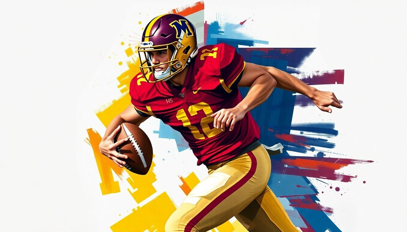 A cubist, geometric painting depicting a college football player in motion, with sharp, overlapping planes of maroon, gold, and navy blue representing the Minnesota Golden Gophers.