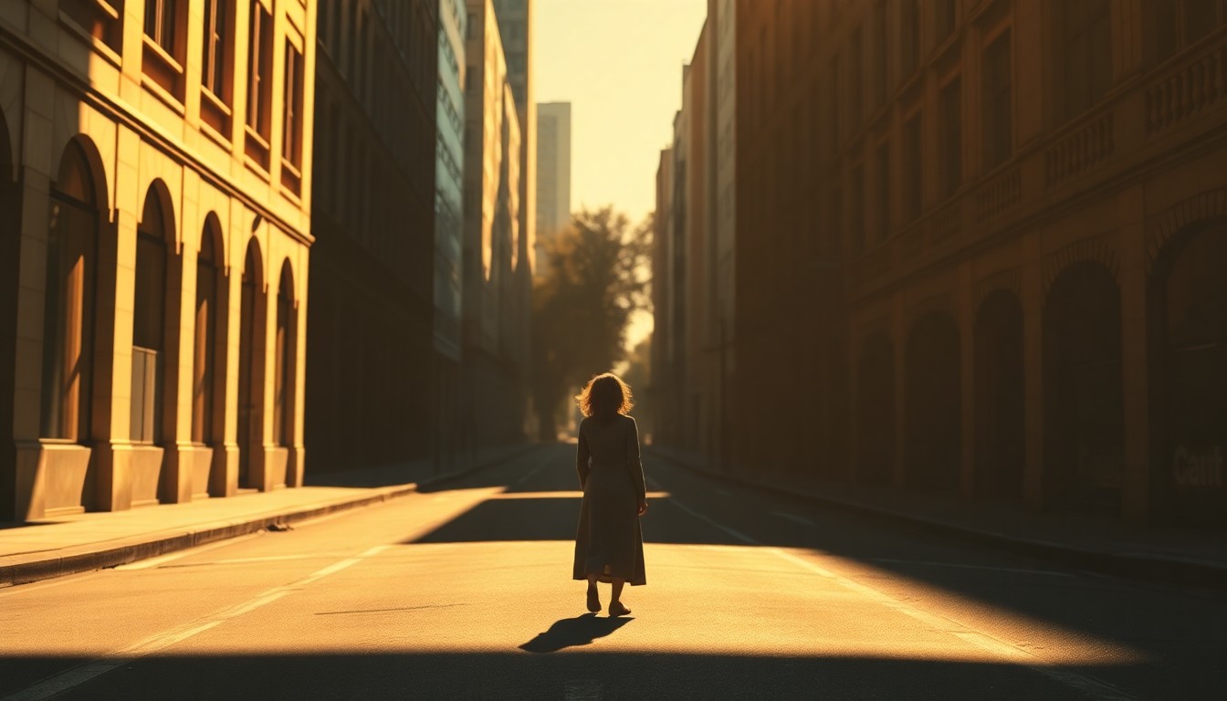 A cinematic painting in the style of Edward Hopper, depicting a solitary woman standing alone on a city street, bathed in warm, diagonal sunlight and deep shadows, conceptually representing the disproportionate burden climate change places on women.