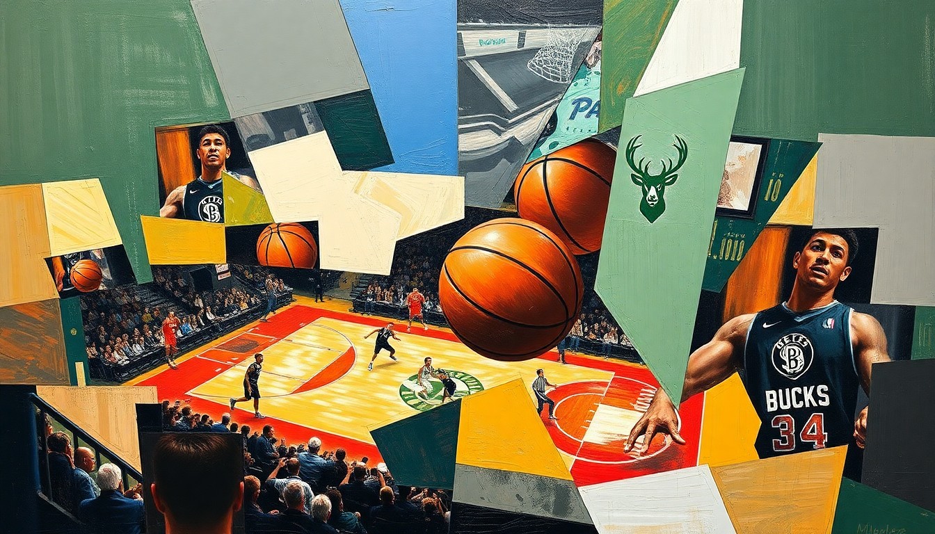 A cubist, geometric painting depicting a basketball game, with players and the court broken down into overlapping, angular shapes and planes in a variety of colors.