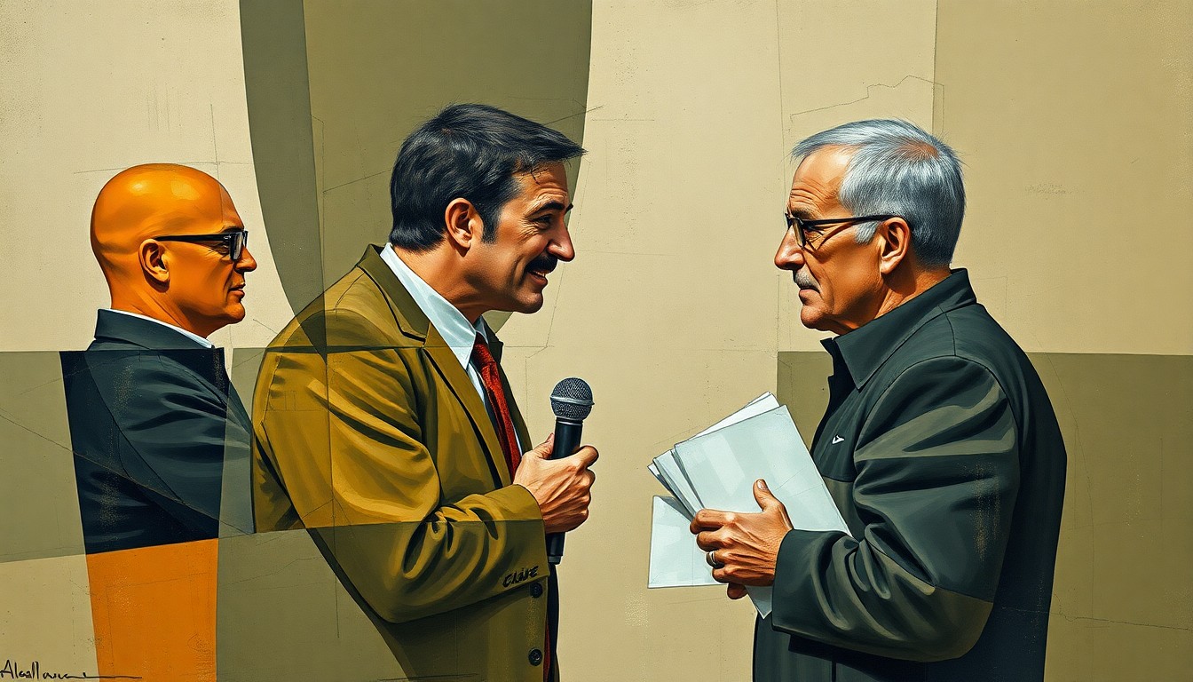 A cubist-style painting featuring fragmented geometric shapes in muted earth tones, conceptually representing the complex dynamics between a sports reporter and a coach whose interactions have come under scrutiny.