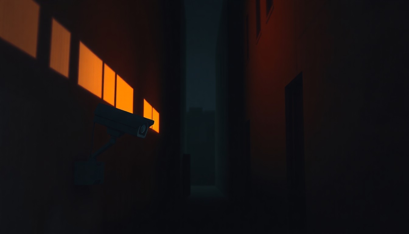 A moody, cinematic painting depicting a lone security camera or surveillance equipment in a dimly lit urban alleyway, with warm sunlight casting dramatic shadows, conceptually representing the complex issues of national security and public trust.