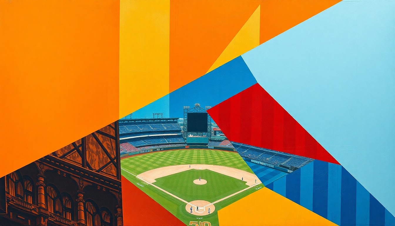 A cubist-style painting featuring sharp, overlapping geometric shapes in shades of orange, red, and blue, representing the fragmented action of a baseball game.