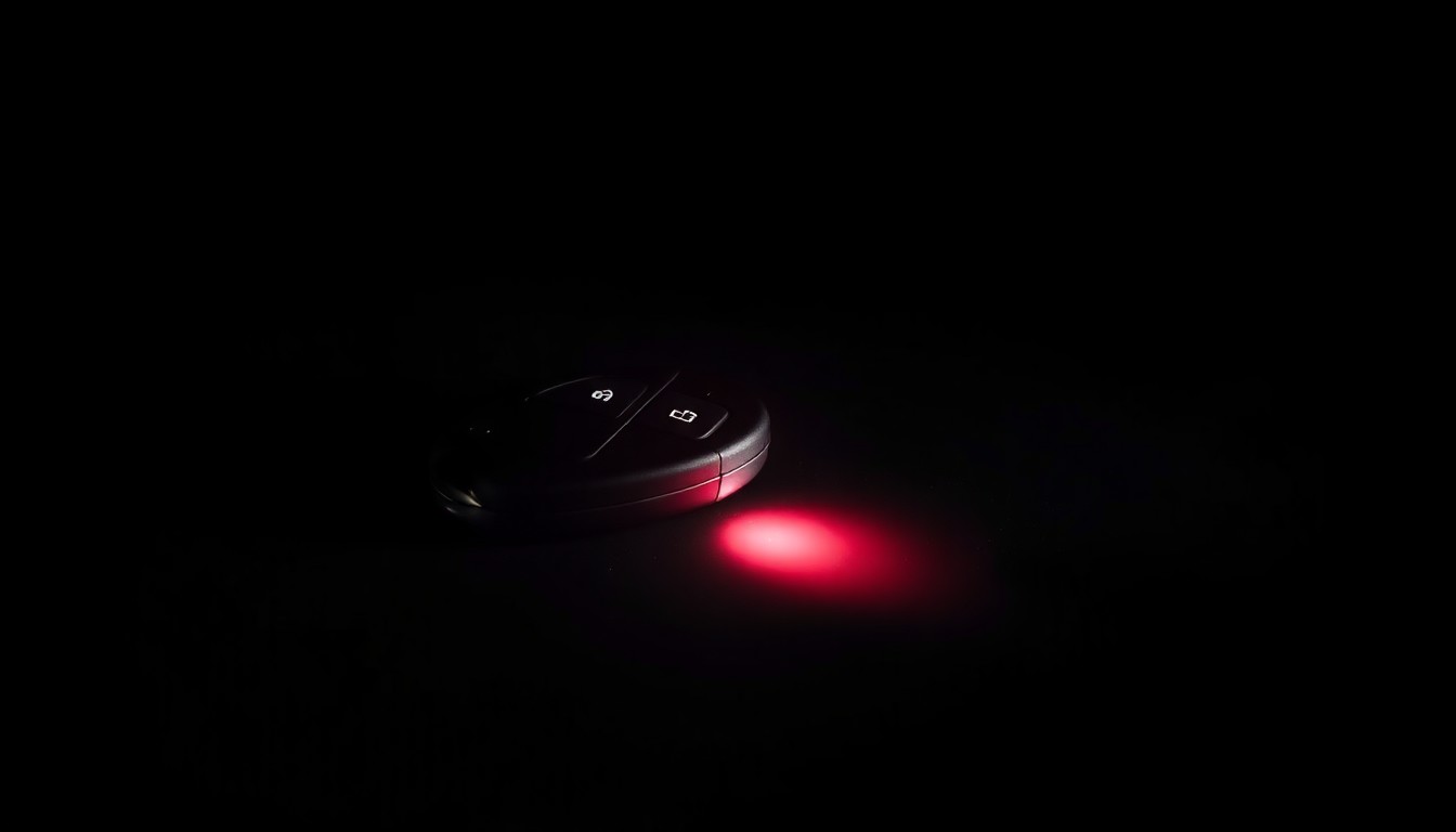 An extreme close-up photograph of a car key fob reflecting a faint red light against a stark black background, conceptually representing the urgency and investigation surrounding a child abduction case.